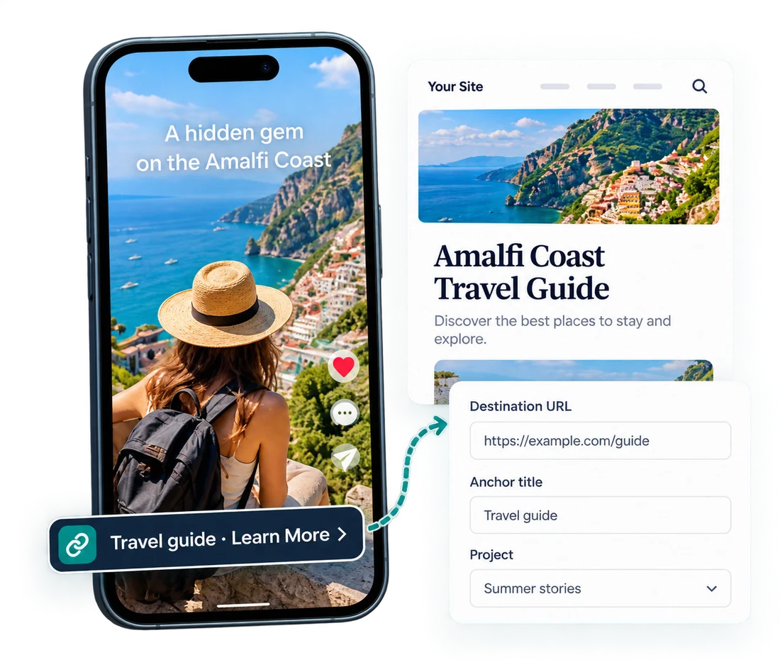 Illustration showing a website link on a TikTok video and the destination landing page.